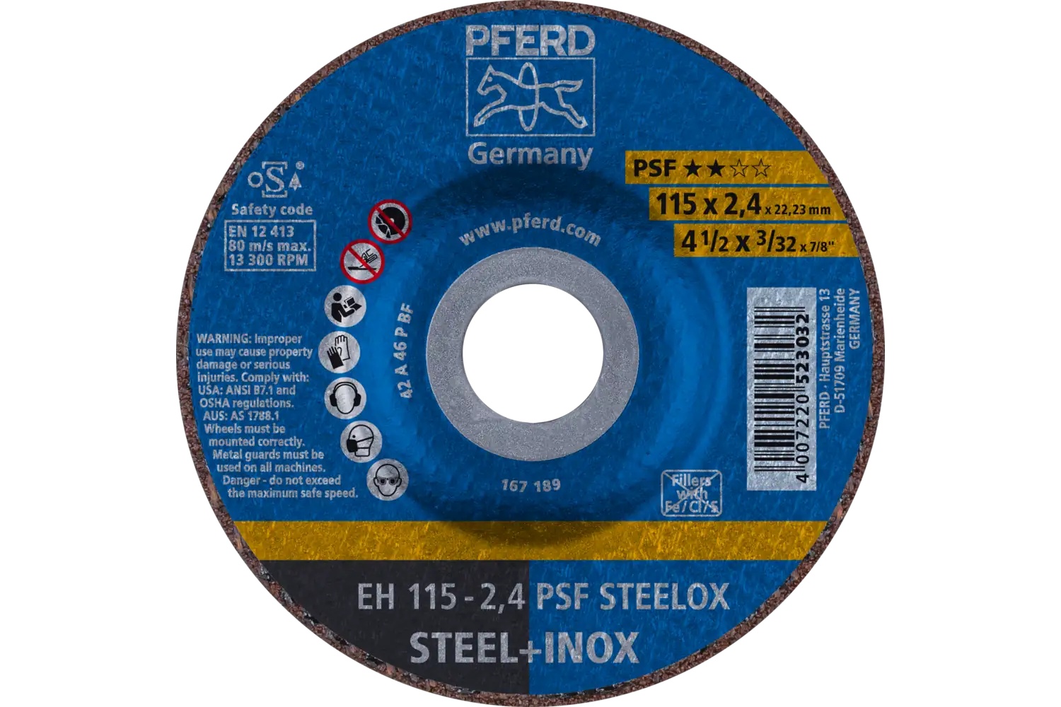 Picture of Pferd Cut-Off Wheel, 4-1/2" X 3/32 X 7/8, Psf Steelox, T27, Aluminum Oxide